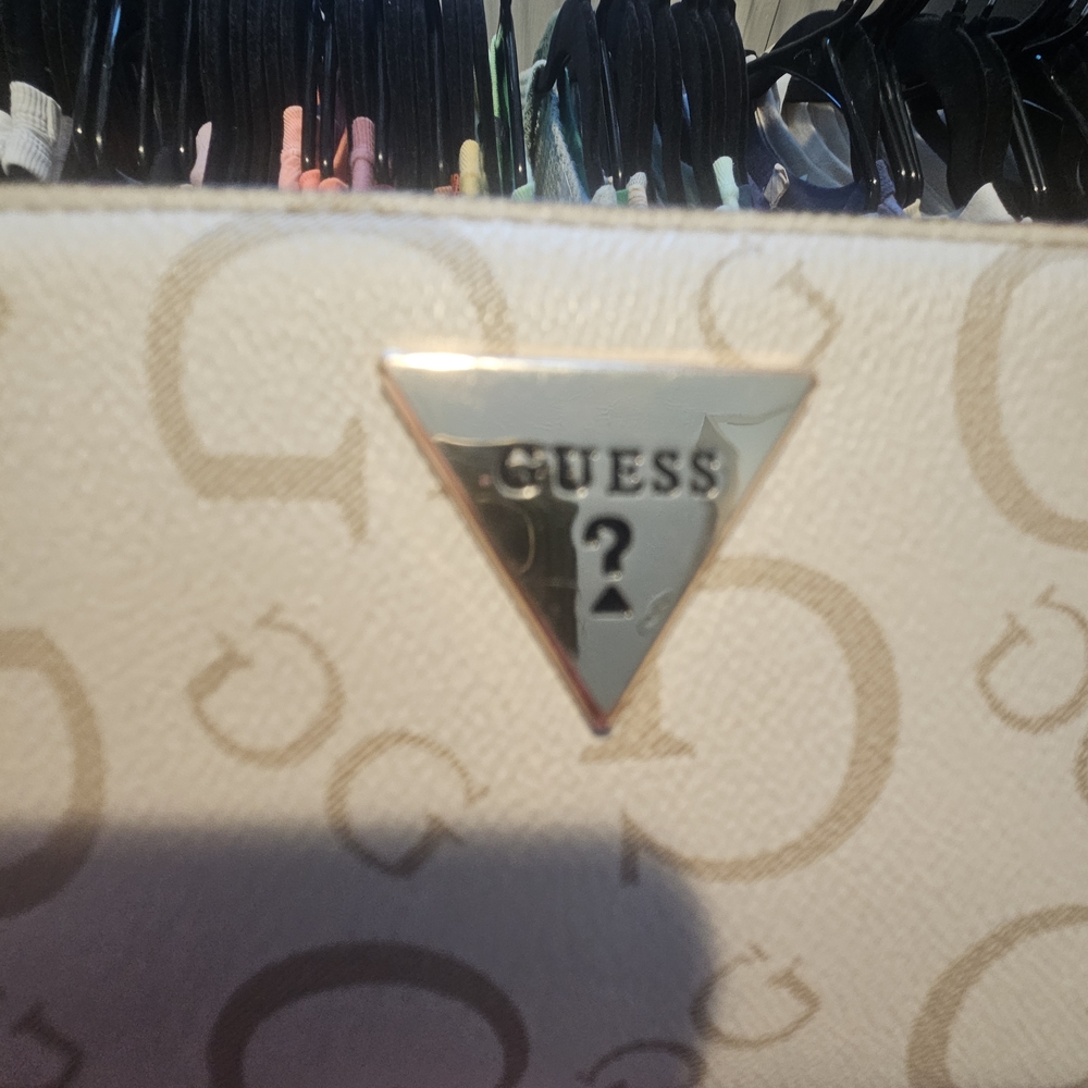 Guess Classic Monogram Cream Wallet Gold Accents Two Zippers